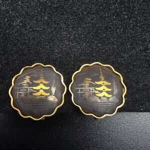 Amita Japan Damascene Earrings Screw Back Black Gold Tone Vintage